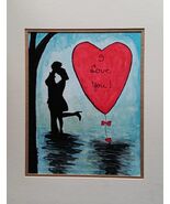 Original Watercolor Painting Lovers' Kiss &amp; Red Heart Signed Collectible... - $18.10