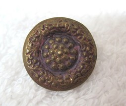 Antique Picture Button Gold Tone Floral w Purple Highlights 5/8 Inch  - £3.56 GBP
