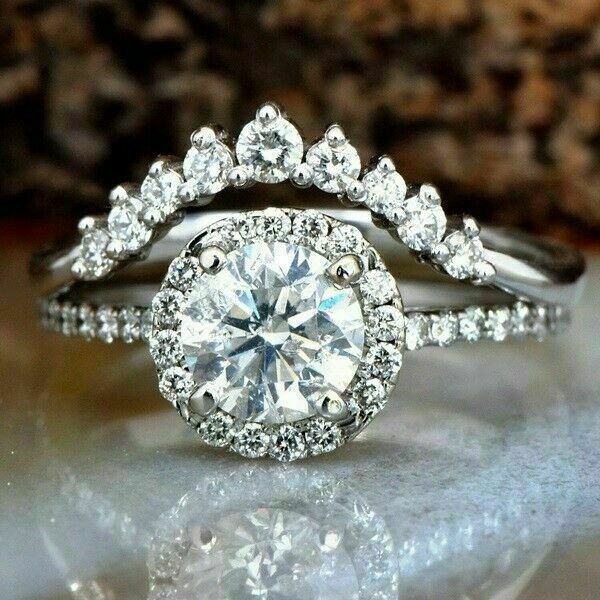 2.10Ct Round Diamond 925 Sterling Silver Bridal Halo Curved Engagement Ring Set