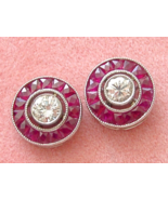 ART DECO STYLE .46ctw DIAMOND w/ RUBY HALO PLATINUM EVERYDAY 9.5mm STUD ... - $2,543.31