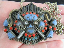 Vintage Nepal Tibet Carved Foo Dog Pendant Necklace Red Coral lapis onyx - £130.78 GBP