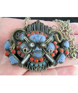 Vintage Nepal Tibet Carved Foo Dog Pendant Necklace Red Coral lapis onyx - $174.99