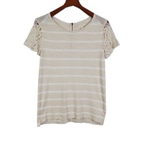 Caslon Womens Blouse Top Size M Cream White Striped Back Zip Short Lace Sleeve - £14.77 GBP