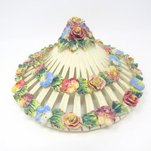 Capodimonte Basket Lid Ceramic 7 1/2&quot; Vintage Colorful Flowers Italy White - £27.00 GBP