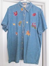 JUST MY SIZE Women&#39;s Shirt Top Blouse Blue Denim S/S Embroidered Size 18/20 - £18.83 GBP