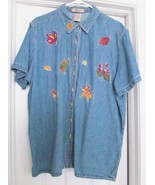 JUST MY SIZE Women&#39;s Shirt Top Blouse Blue Denim S/S Embroidered Size 18/20 - £18.92 GBP