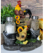 Country Rooster Hen and Chicks Family Salt and Pepper Shakers Holder Set... - $35.49 CAD