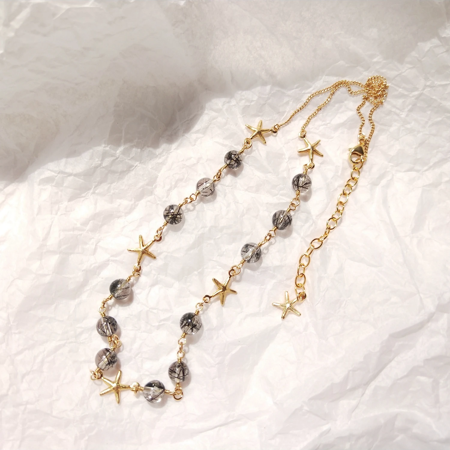 Lii Ji Black Tourmaline Quartz 14K Gold Filled Chain Stars Necklace 40+5cm Real - £61.60 GBP+