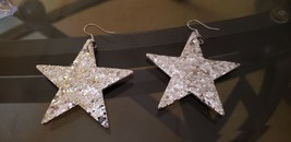 Faux Leather Dangle Earrings (New) Silver Glitter Stars - £4.42 GBP