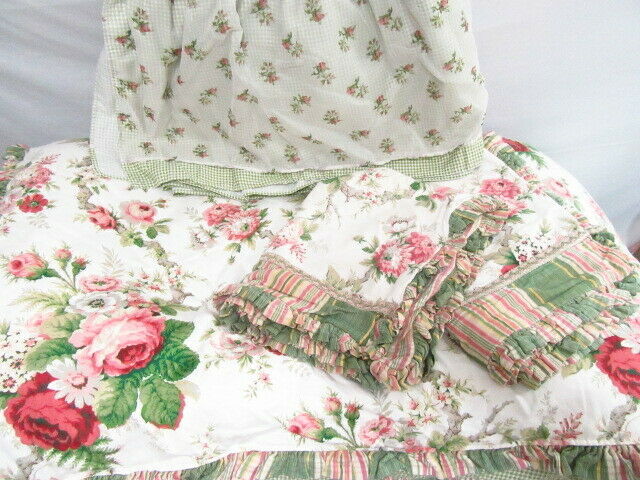 Waverly Spring Romance Floral Pink Green Gingham 4-PC Queen Comforter Set RARE - $220.00