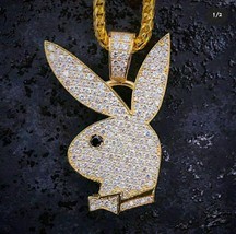 Lady&#39;s 14K Yellow Gold Plated and Real Moissanite Playboy Bunny Pendant Necklace - £140.65 GBP