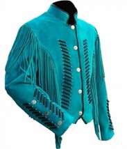 Western Light Blue Color Bone Fringed Genuine Suede Leather Handcrafted Jacket - £134.85 GBP