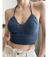 Women&#39;s Dark Blue Crochet handmade bralette top size S/M Adjustable Lace - $653.94 MXN