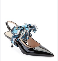 PRADA Black Patent Leather Slingback Heels w/ Blue Bow Sz 38 READ +COA Women - £386.80 GBP