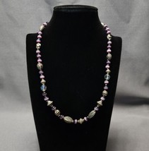 Vintage Silver-tone &amp; Purple Cat&#39;s Eye Beads Beaded Collar Necklace 18&quot; Jewelry - £16.58 GBP