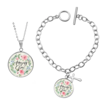 Amazing Grace Necklace &amp; Bracelet Set Floral Circle Disc Pendant Catholic - $19.99