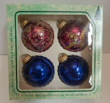 4 Vintage Krebs 2 Raspberry Purple &amp; Gold Floral 2 Blue Christmas Ornaments - $17.77