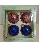 4 Vintage Krebs 2 Raspberry Purple &amp; Gold Floral 2 Blue Christmas Ornaments - $17.77