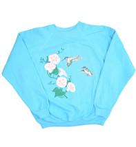 Vintage Hummingbird Sweatshirt Womens XL Light Blue Floral 80s Raglan USA Made - £19.36 GBP