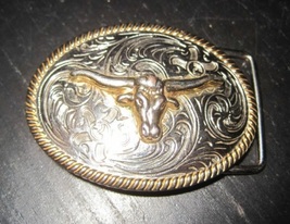 Vintage Small Ladies Cowgirl Rodeo Bull Horns Western Belt Buckle - £23.49 GBP