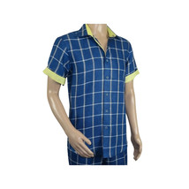 Men INSERCH premium Soft Cool Linen  2pc Walking Leisure suit 7098 Blue Plaid image 4