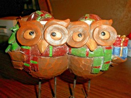 Two Owl Figurines Home Decor Resin Christmas Hats Gifts Wire Legs Wide Eyes EUC - £14.42 GBP