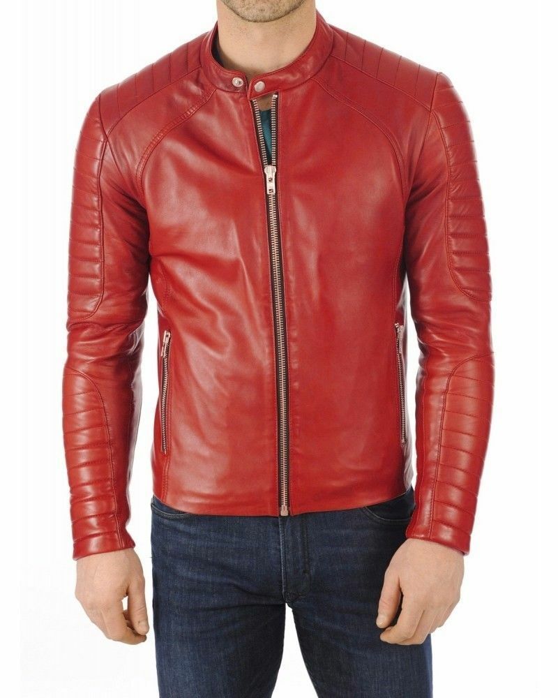 Primary image for Jacket Leather Biker Red Mens Slim Fit Motorcycle Vintage Men S Cafe Racer 62