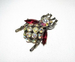 Vintage Aurora Borealis Rhinestone Bug Insect Brooch Pin Red Gold C2740 - £24.21 GBP