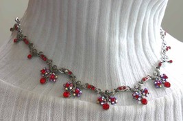 Cookie Lee Elegant Iridescent Red Rhinestone Victorian Style Silvertone Necklace - £15.76 GBP