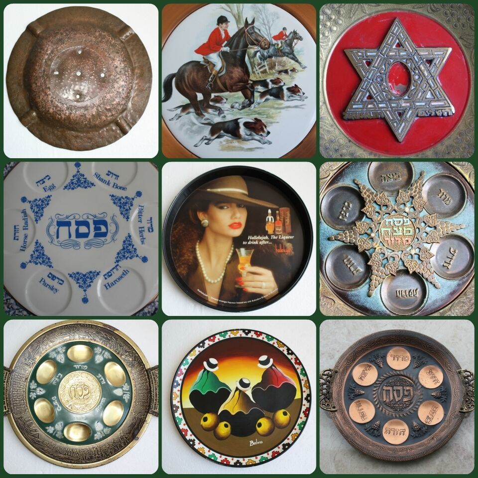 Judaica Vintage Hanukkah Plate Tray Jewish Brass Bronze Porcelain Islami... - $8.10+