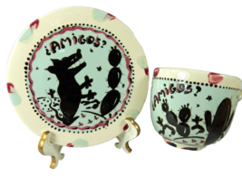 Amigos Cup &amp; Saucer Hand Painted Artist Signed Coyote Desert Cactus West OOAK - £19.01 GBP