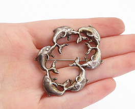 MEXICO 925 Sterling Silver - Vintage Dark Tone Dolphins Brooch Pin - BP1179 - £49.42 GBP