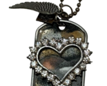 Kate Mesta Crystal Heart &amp; Angel Wing Dog Tag  Necklace  Art to Wear New - £15.78 GBP