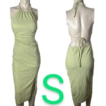 ✨Light Lime Green Flower Knit Double Lined Halter Back Tie Backless Dress~Size S - £35.11 GBP
