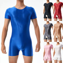 Men Shiny Glossy Bodysuit Underwear Short Sleeve Leotard Catsuit Shirts Jumpsuit - £13.54 GBP