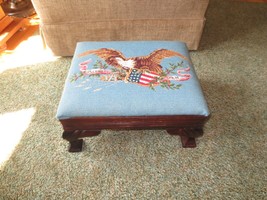 Vintage Hardwood Patriotic Eagle Flag Needlepoint Footstool - 15&quot; X 12&quot; X 7.5&quot; H - $98.01