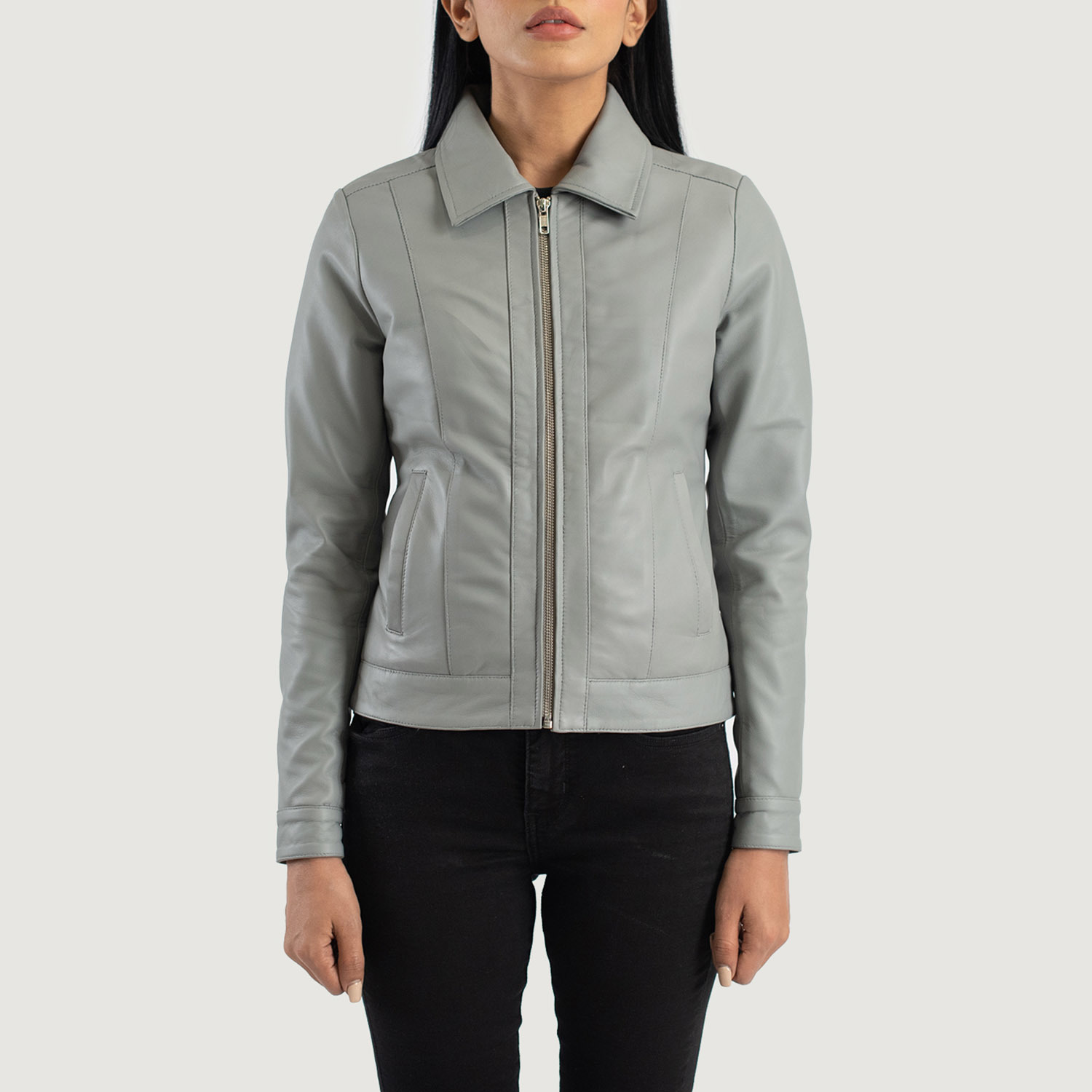 LE Vixen Grey Classic Collar Leather Jacket