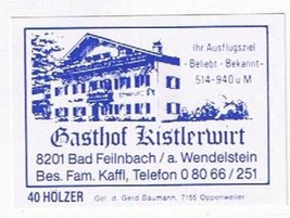 Matchbox Label Germany Gasthof Kistlerwirt Wendelstein - £0.77 GBP