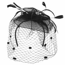 Trendy Apparel Shop Mesh Flower Feathered Swiss Dot Pom Net Fascinator - Black - £16.01 GBP