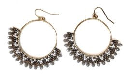 Gray Taupe &amp; White Seed Bead Hoop Earrings Gold Tone Metal - £9.01 GBP