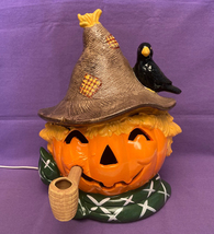 Vintage Brinn&#39;s Halloween light-up scarecrow 10.5&quot; ceramic pumpkin 1987 with box - £32.07 GBP