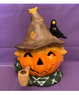 Vintage Brinn&#39;s Halloween light-up scarecrow 10.5&quot; ceramic pumpkin 1987 ... - $40.00