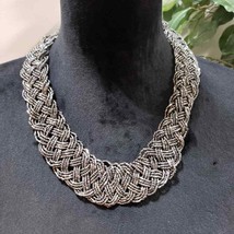 Women&#39;s Fashion Multi-Layer Silver Tone Chini Beads Braided Collar Necklace - £23.59 GBP