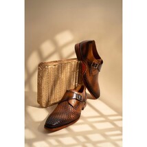 The Rolls Woven Tan Leather Single Monk Strap Handmade Men Shoe image 15