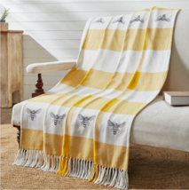 New! Honey Bee Cotton Throw Blanket Yellow Cream 50&quot; X 60&quot; Primitive Fringe - £38.63 GBP