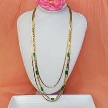 Vintage Gold Tone 3- Strand Bohemian Chain Necklace 25&quot; Green Glass Beads - £19.61 GBP