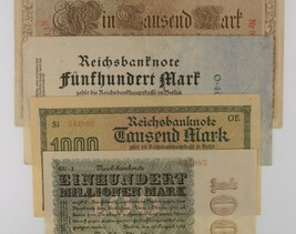 1910-1923 Germany 4-Notes Set Empire 1000 Republic 500 1000 &amp; 100 Million - £39.56 GBP