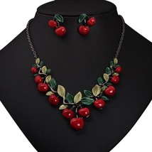 Oil Alloy Cherry Jewelry Sets For Woman Vintage Chain Necklace Pendant Earrings  - £23.33 GBP