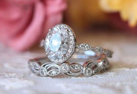 Halo Engagement Wedding Ring Set 2.65Ct Oval Cut Diamond 14K White Gold Size 7.5 - £232.11 GBP