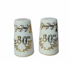 Salt Pepper Shakers vtg figurines Japan Lefton 50th anniversary gold limited mcm - £15.78 GBP